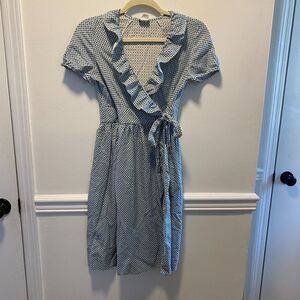 J.Crew 100% Silk Wrap Dress Size 0 Blue Geometric Print Ruffle Midi Cottagecore